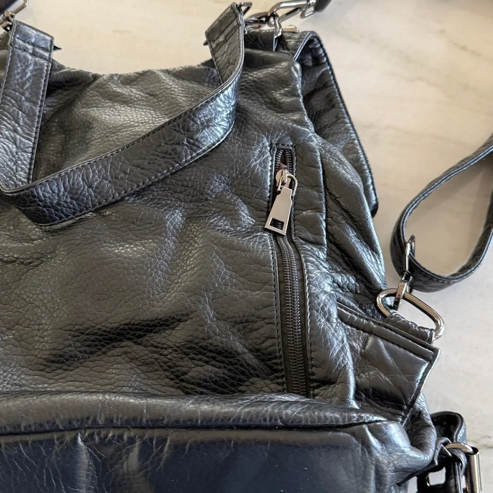 Women Backpack Purse Leather Vegan Ladies PU Washed Leather Shoulder Bag Black